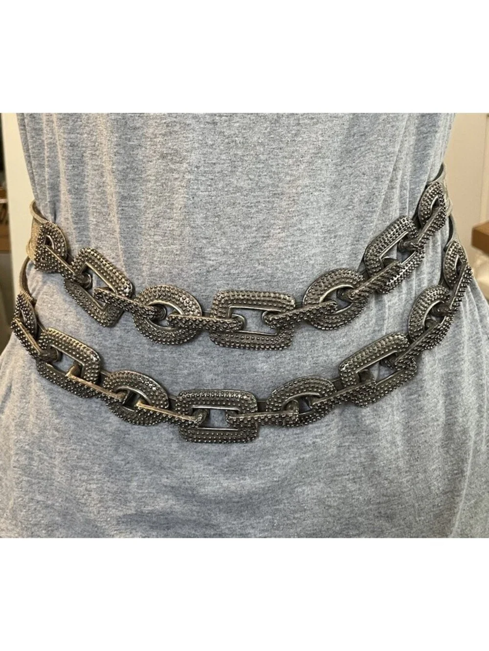 Streets Ahead Belt Vtg Silver Tone Metal Floral Mesh & Chain Links Leather 28-30
